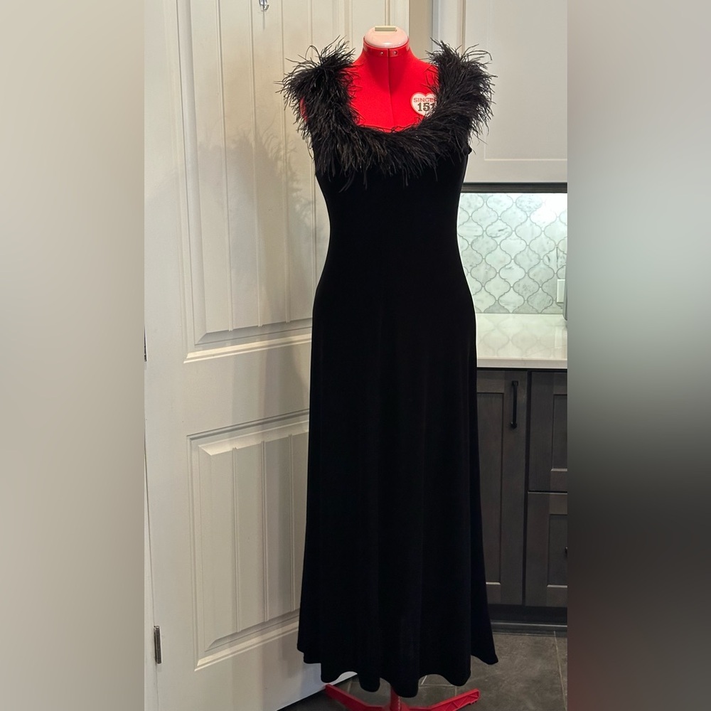 Gorgeous form fitting black velvet dress with accent feathers.